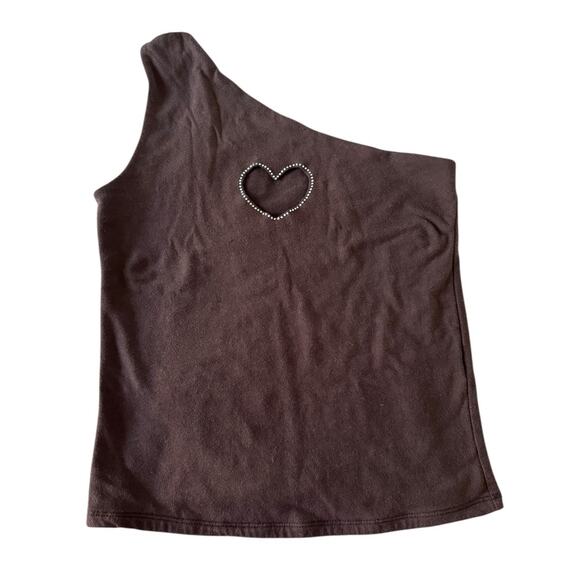 Y2K HOLLISTER Heart Rhinestone Cut Out One Shoulder Tank Top Chocolate Brown S - Picture 7 of 10